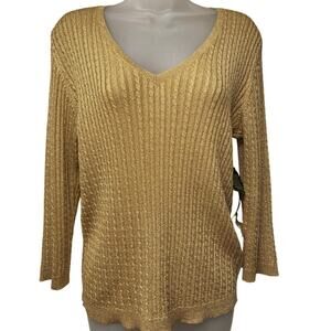 NWT Lauren Ralph Lauren Gold Metallic Thread Sweater Sz Large Silk Blend V-Neck